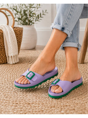 Boden Purple Green Buckle Slide Sandals Size 42 Made in Spain